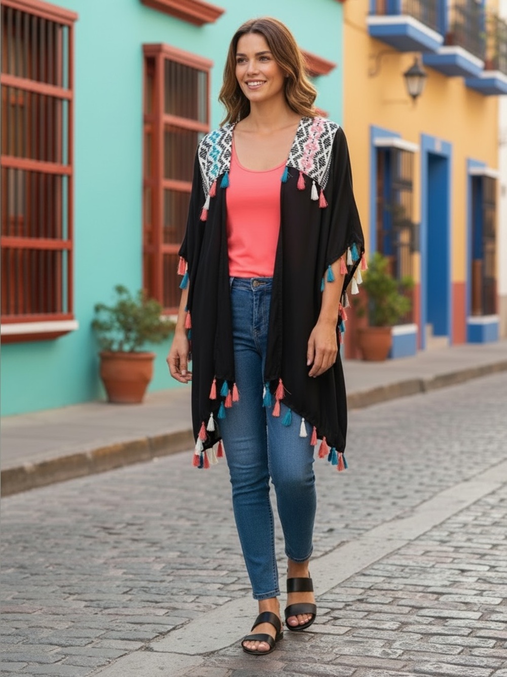 Judith March Black with Multicolor Tassels Kimono Shrug (GMH)